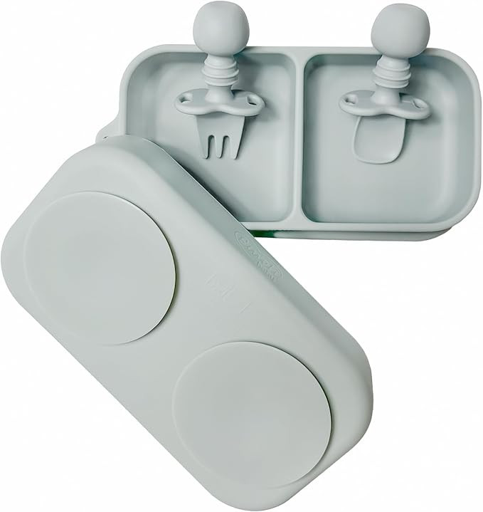 Silicone Baby Suction Travel Plate with Training Utensils. 4 piece set with plastic cover for tra... | Amazon (US)