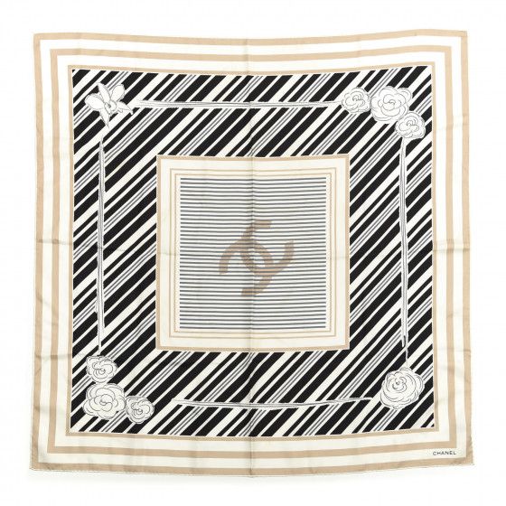 CHANEL Silk Camellia CC Square Scarf Beige Black White | Fashionphile