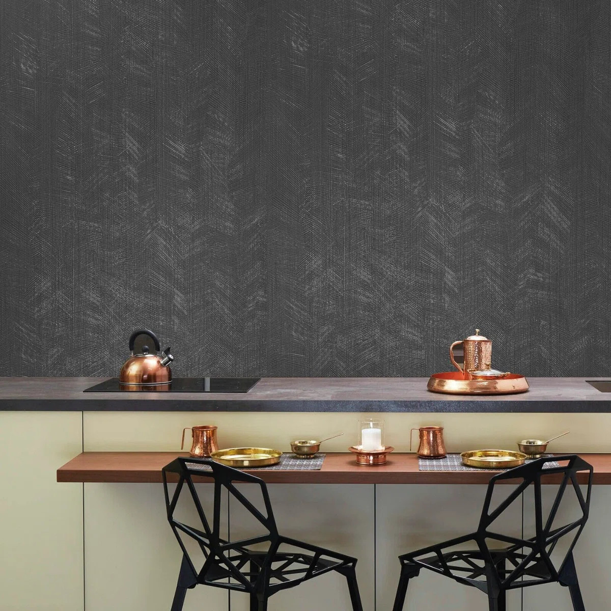 Latitude Run® Charcoal black Textured herringbone Lines faux fabric texture wallpaper | Wayfair | Wayfair North America