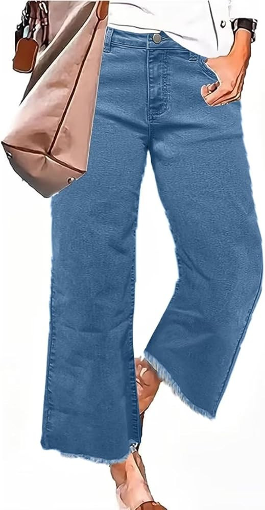Flamingals Straight Wide Leg Jeans for Women Mid Waisted Casual Raw Hem Denim Capris Pants with P... | Amazon (US)