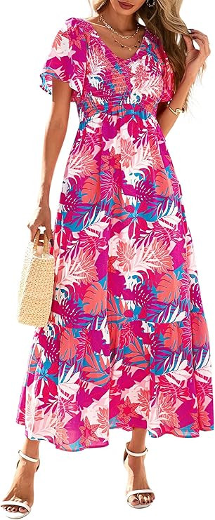 PRETTYGARDEN Boho Dresses for Women 2026 Summer Floral Short Sleeve V Neck Smocked Flowy Beach Va... | Amazon (US)