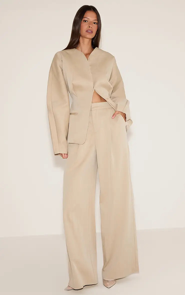 Sand Premium Woven Tailored Collarless Blazer | PrettyLittleThing UK