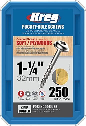 Kreg SML-C125-250 Zinc Pocket Screws, 1-1/4 Inch #8 Coarse Thread, Maxi-Loc Head (250 Count) | Amazon (US)