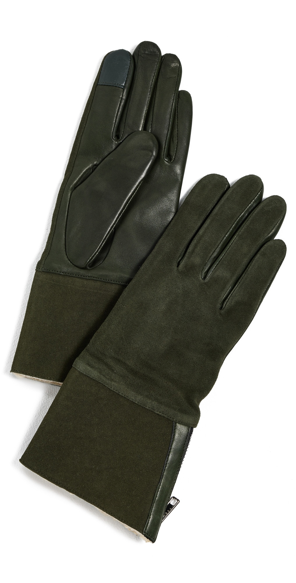 Carolina Amato Suede Back Shearling Cuff & Side Zipper Gloves Olive S | Shopbop