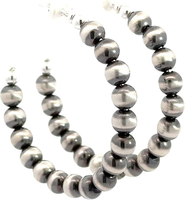 Chunky Sterling Silver Navajo Pearl Style Hoop Earrings for Women, Small Medium or Large - Beaded... | Amazon (US)