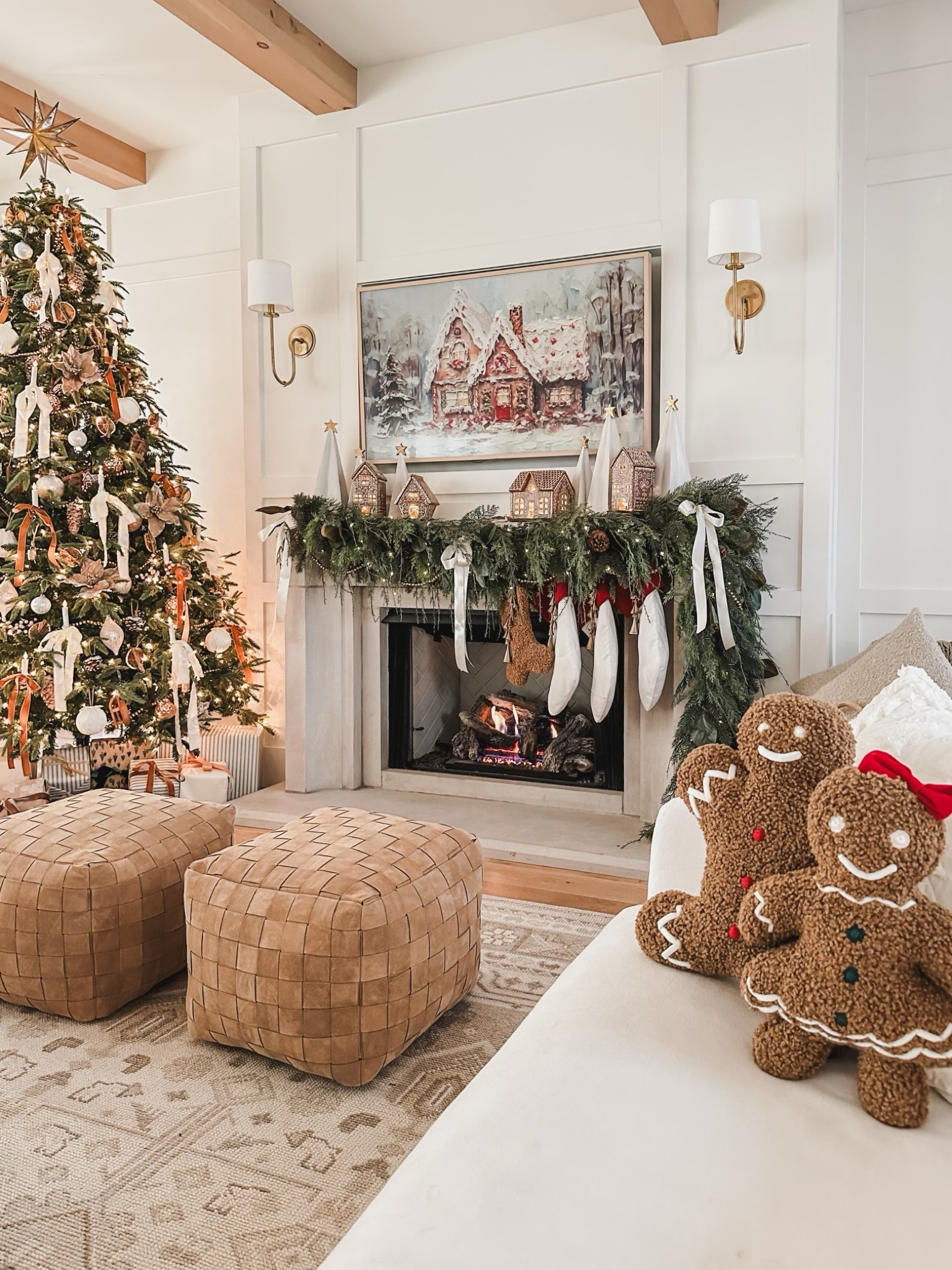 Pottery Barn Christmas living room style! Loving the addition of these gingerbread style pieces this year 

Pottery Barn Christmas, gingerbread Christmas, living room style, cozy Christmas vibes, warm woods, creamy whites, velvet ribbon, stocking finds, garland finds, throw pillow, pouf finds, frame tv art, gold detail, gingerbread house, Christmas tree finds, tree topper, neutral area rug, shop the look!

#LTKGiftGuide #LTKSeasonal #LTKHoliday