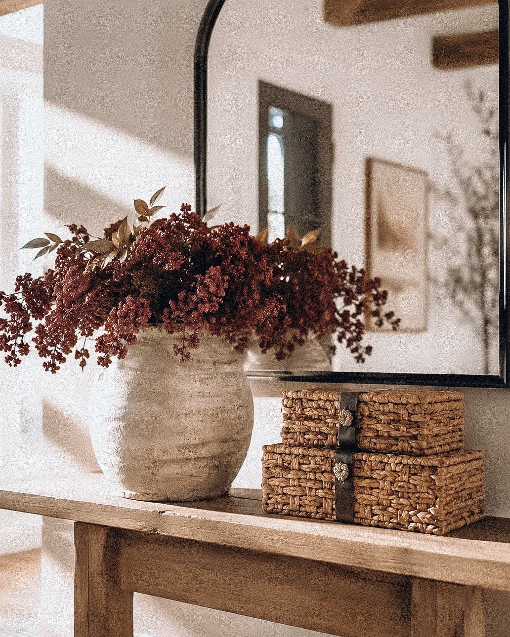 The easiest way to make your entryway feel like fall without going overboard 🍂🤎

I’m loving this modern organic look with a textured ceramic vase, rich burgundy berry stems, and woven baskets for warmth and texture. It feels cozy, elevated, and timeless—perfect if you love decorating with neutral pieces that transition beautifully into the season.

Everything is linked in my LTK! Save this look for your next home refresh. 🏡✨#ModernOrganic #FallHomeDecor #NeutralHome #EntrywayDecor #CozyHome #HomeStyling #SeasonalDecor #HomeInspo #Alwaysbestylin

#LTKSaleAlert #LTKHome #LTKSeasonal