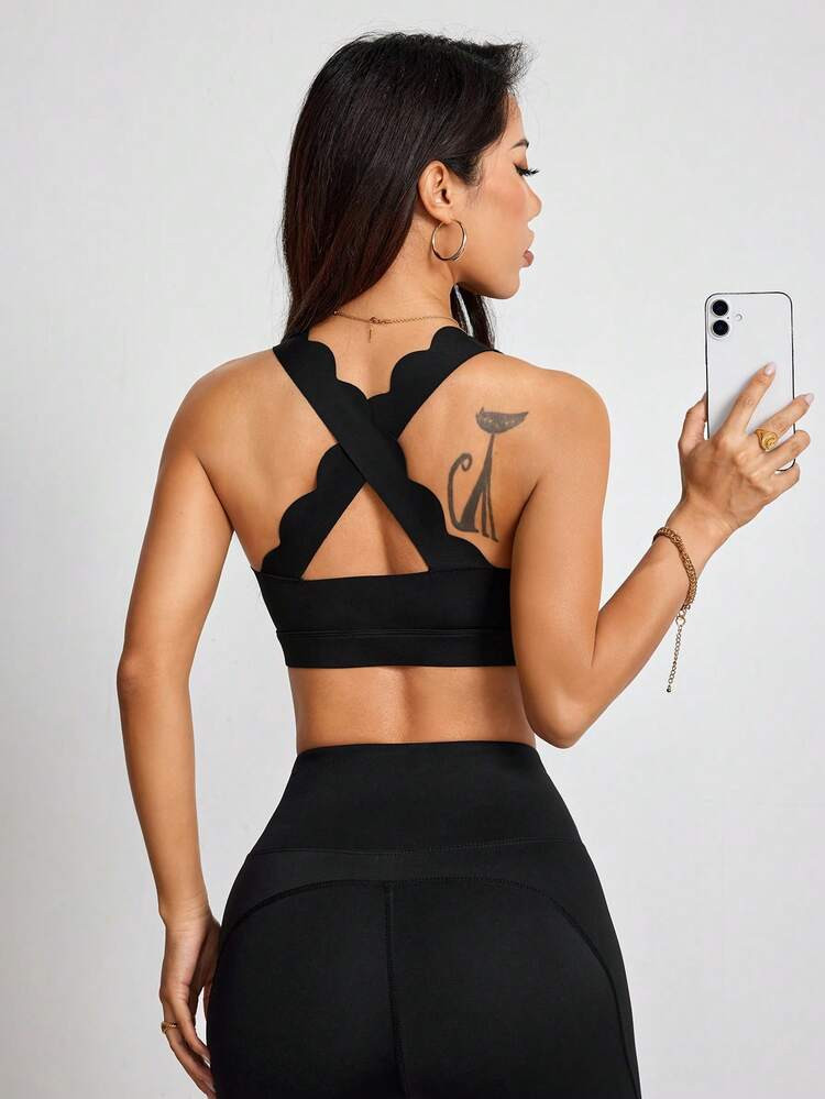 ATTRACO Women's Sports Bra, Criss-Cross Backless Ruffled Sexy Sports Tank Top, With Removable Pads, Suitable For Yoga, Fitness And Running Black Spring | SHEIN