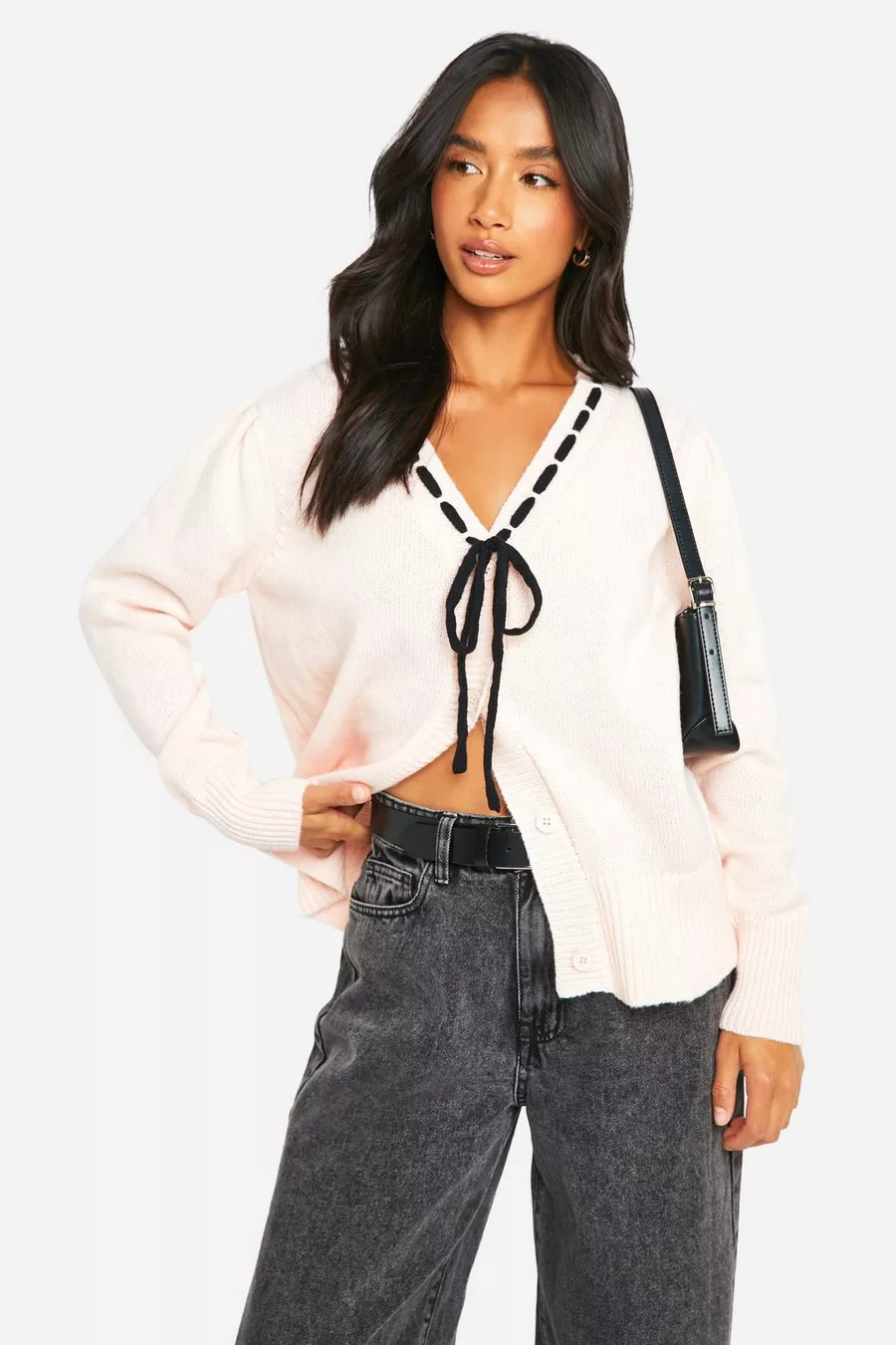 Cárdigan Petite de punto con lazo en contraste | Boohoo.com (ES)