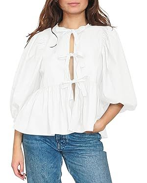 Cioatin Women Bow Tie Front Shirt Top Cute Puff Sleeve Y2K Peplum Ruffle Babydoll Blouse Lace Up ... | Amazon (US)