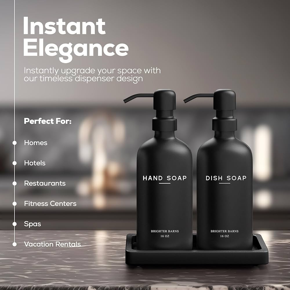 Black Glass Hand and Dish Soap Dispenser Set by Brighter Barns - Kitchen Soap Dispenser Set with ... | Amazon (US)