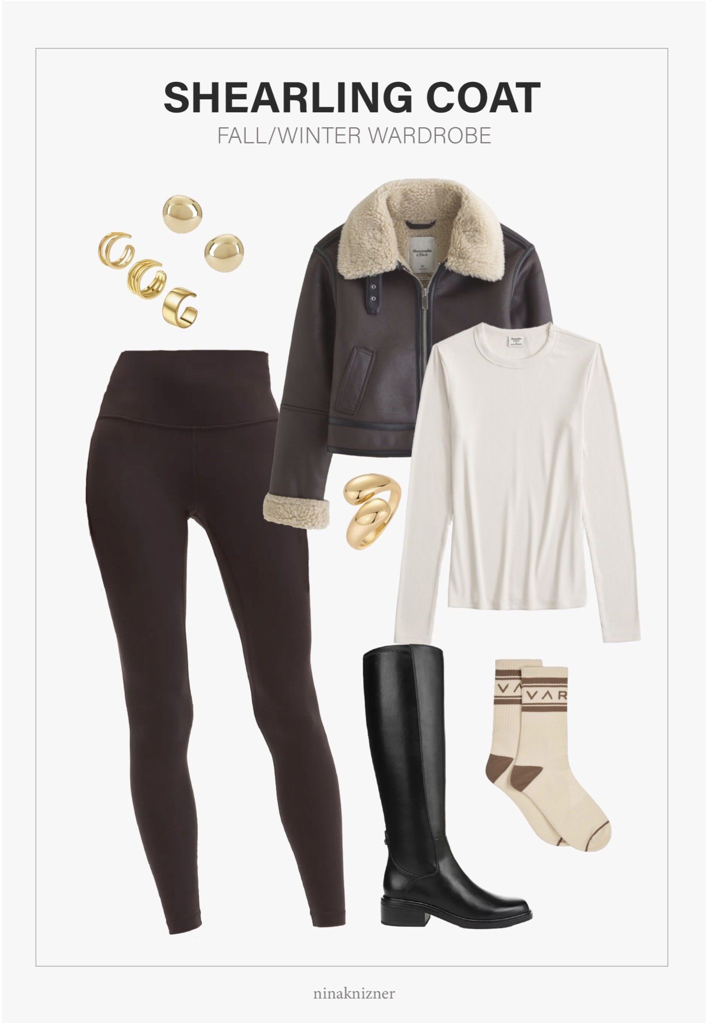 My favorite coat of the season…

This brown shearling jacket is such a must. It’s rugged but still feels elevated, especially when pairing it with these knee high equestrian inspired boots.

Would pair with slim jeans or leggings as the calf is pretty slim, which is my favorite part of these boots. 

Wear this outfit for pretty much any casual occasion..errands, coffee runs, road trips, cabin and mountain getaways, and even city trips. Loveee!

- Ettika Polished Pebble Stud Earrings in gold
- Amazon Cuff Earrings in gold 
- Abercrombie Short Vegan Leather Shearling Coat in dark coffee
- Abercrombie Long-sleeve Rib Baby Tee in cream 
- Amazon PAVOI Chunky Open Twist Stackable Ring in gold 
- Lululemon Align Leggings in Sequia
- Franco Sarto Giselle Knee High Boot in black leather 
- Varley Astley Active Sock in birch/desert taupe

#coat #jacket #shearling #shearlingcoat #brown #browncoat #casual #athleisure #leggings #lululemon #varley #abercrombie #boots #ridingboots #kneehighboots #blackboots #blackleatherboots #winter #fall #cabin #mountain #getaway #travel #socks #blackfriday #cybermonday #cyberweek #LTKCyberWeek

#LTKTravel #LTKActive