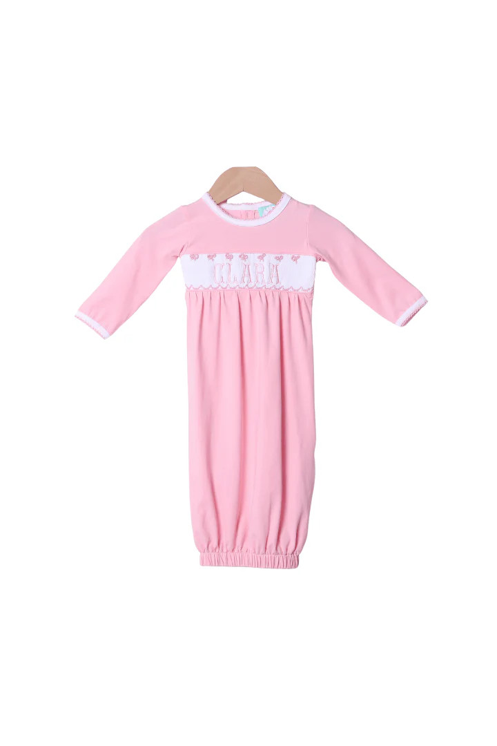 Smocked/Embroidered Custom Pink Knit Layette Gown | The Smocked Flamingo