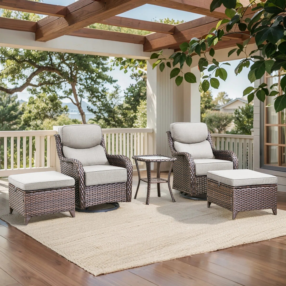 Deb 5-Piece Outdoor Conversation Set with Wicker Swivel Rocking Chairs, Ottomans & Side Table | Wayfair North America