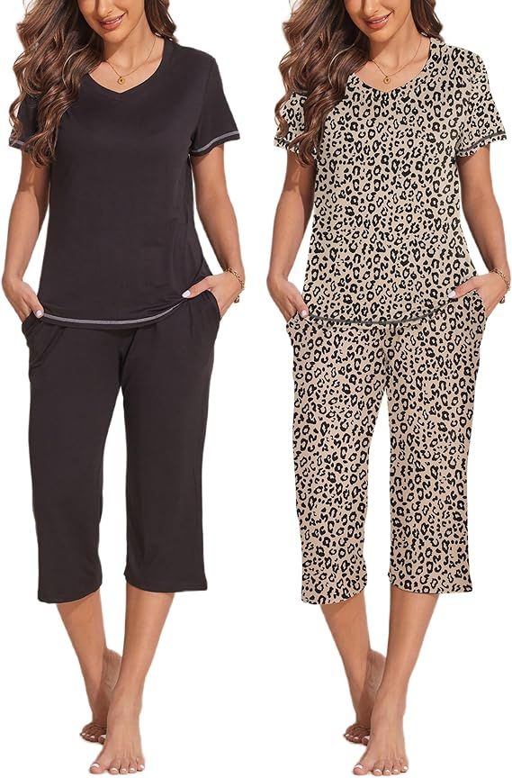 Ekouaer 2 Pack Women's Sleepwear Capri Pajama Sets Short Sleeve Two-Piece Pjs V Neck Tops & Capri... | Amazon (US)