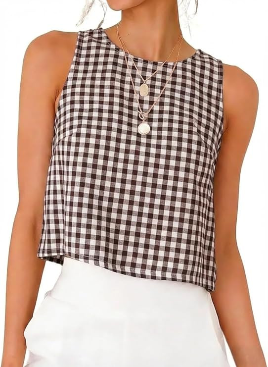 Womens Gingham Crop Tank Tops 2026 Spring Summer Sleeveless Vest Top | Amazon (US)