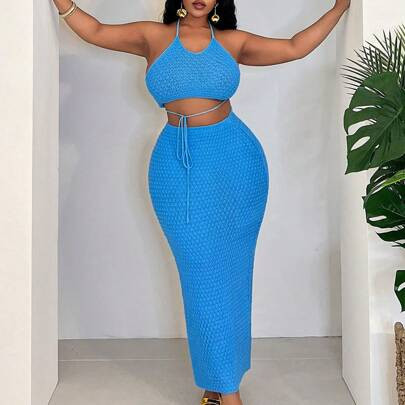 Plus Size Form-Fitting Solid Blue Maxi Length Spring/Summer Vacation Casual Knitted Tie-Belt Slip Skirt | SHEIN