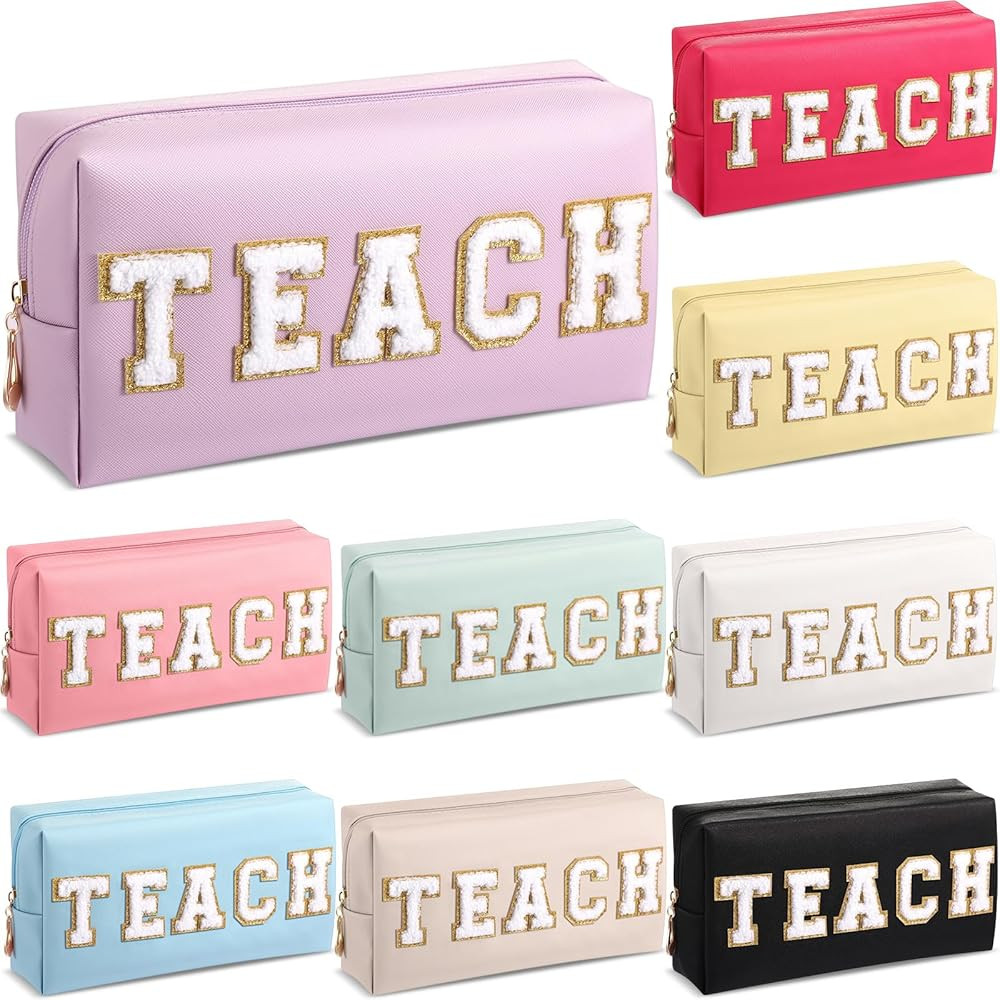 Chunful 9 Pieces Preppy Patch Makeup Bag Chenille Letters Cosmetic Bag Pu Leather Portable Waterp... | Amazon (US)