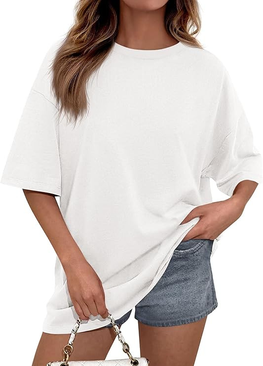 PRETTYGARDEN Women's Oversized Tshirts Going Out Tops | Comfy Cotton Blend, Short Sleeve Crewneck... | Amazon (US)