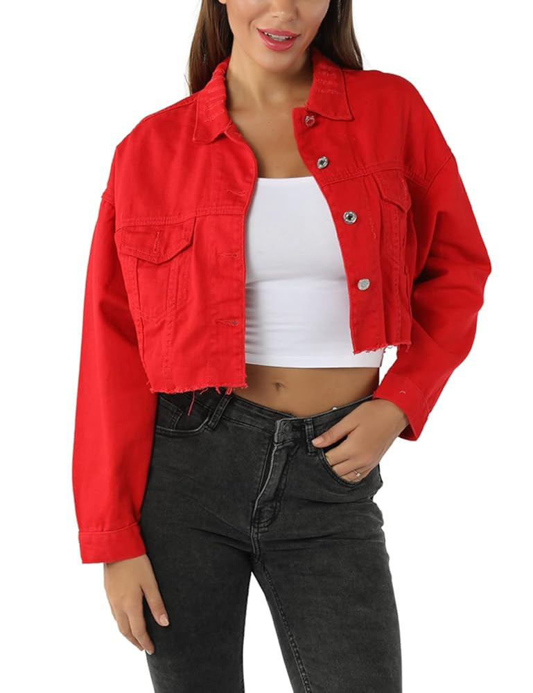 Locachy Women's Cropped Ripped Distressed Denim Jacket Casual Button Down Loose Jeans Coat Fringe... | Amazon (US)