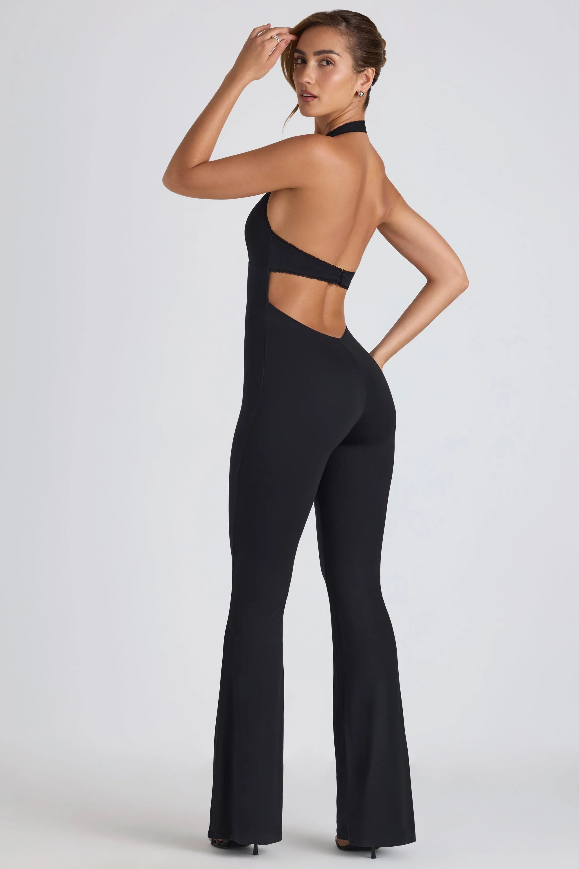 Modal Lace-Trim Cut-Out Flared Jumpsuit in Black | Oh Polly