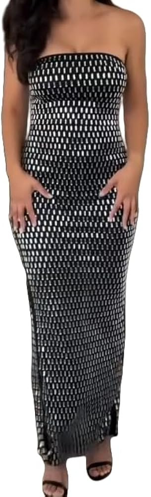 Maxi Formal Dresses for Women Wedding Guest Sexy Strapless Sparkly Rhinestone Long Bodycon Vestid... | Amazon (US)