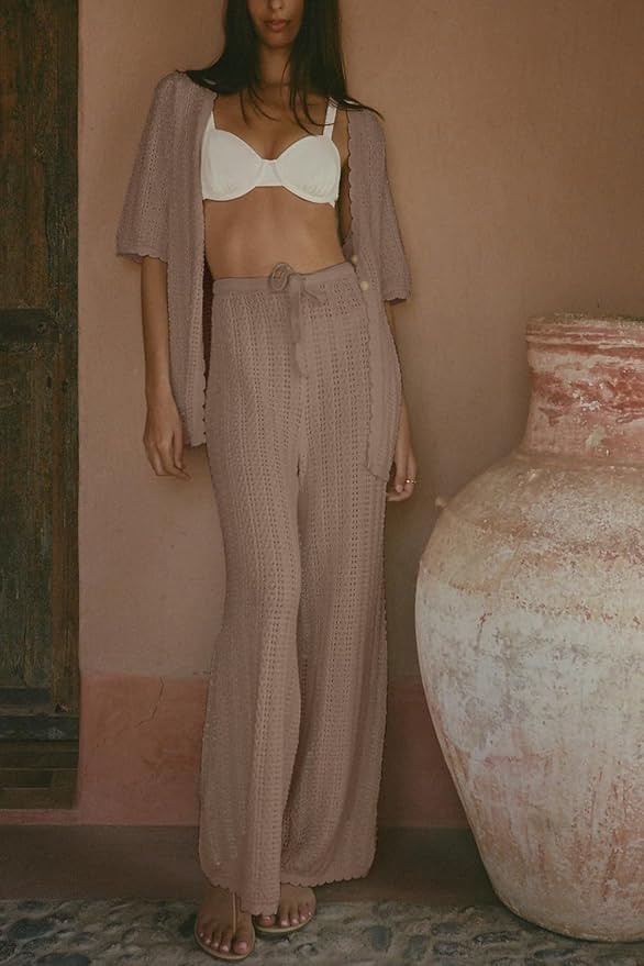 Imily Bela Women's Summer 2 Piece Swimsuit Cover up Crochet Knit Cardigan Tops Long Pants Set Bat... | Amazon (US)