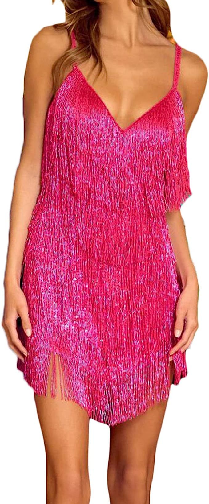 Multitrust Women Sleeveless Tassels Fringe Mini Dress Bodycon Spaghetti Strap V Neck Flapper Dres... | Amazon (US)