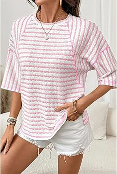 Women's Oversized Striped Tops Summer Crew Neck 3/4 Sleeve Loose Fit T-Shirts Casual Drop Shoulde... | Amazon (US)
