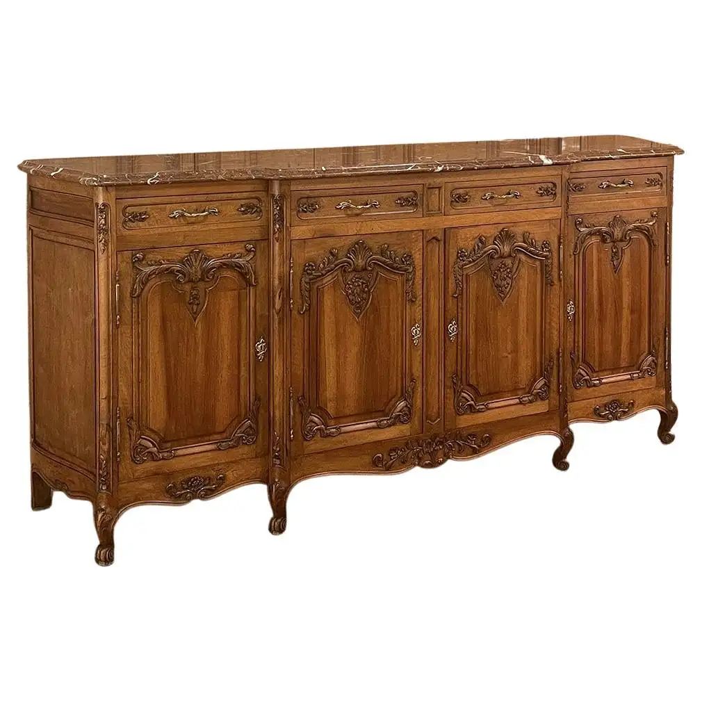 19th Century French Louis XV Serpentine Walnut Marble Top Buffet | 1stDibs