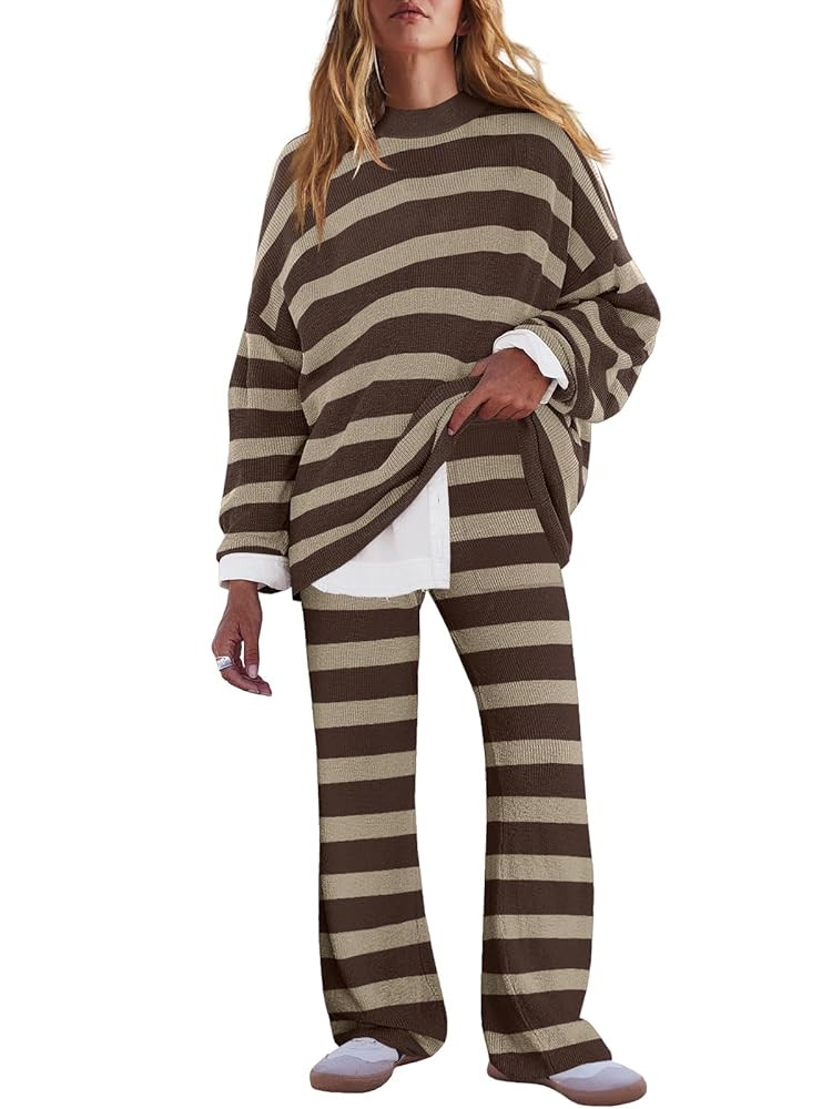 LAMISSCHE Oversized Womens Lounge Set Striped Sweater Set Long Sleeve 2 Piece Pajama Set Top and ... | Amazon (US)