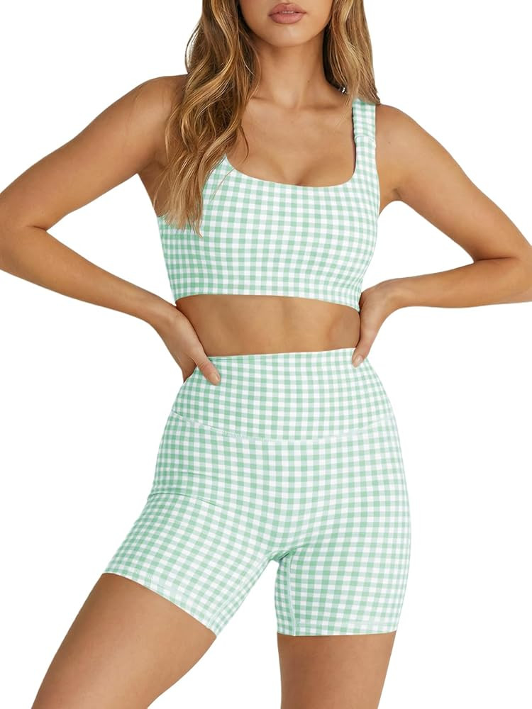Aoysky Womens Workout Gingham 2 Piece Outfits Padded Open Back Crop Tank High Waist Sports Shorts... | Amazon (US)