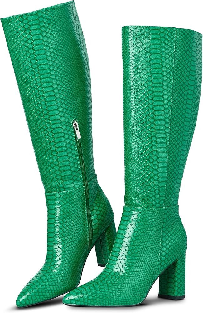 LinnOaks Womens Knee High Boots Round Toe Snake Skin Boots Chunky High Heel Crocodile Slip On Fas... | Amazon (US)