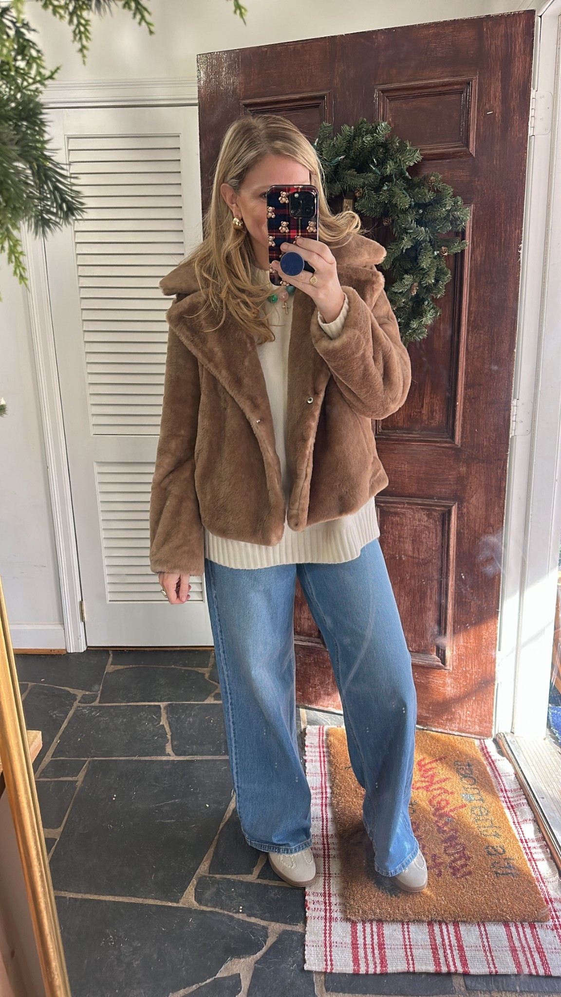 Ootd for last minute Christmas fun! Love this sweater from loft and for jacket from belk! 
Love these wide leg jeans - runs small so I’d size up one! In an 8