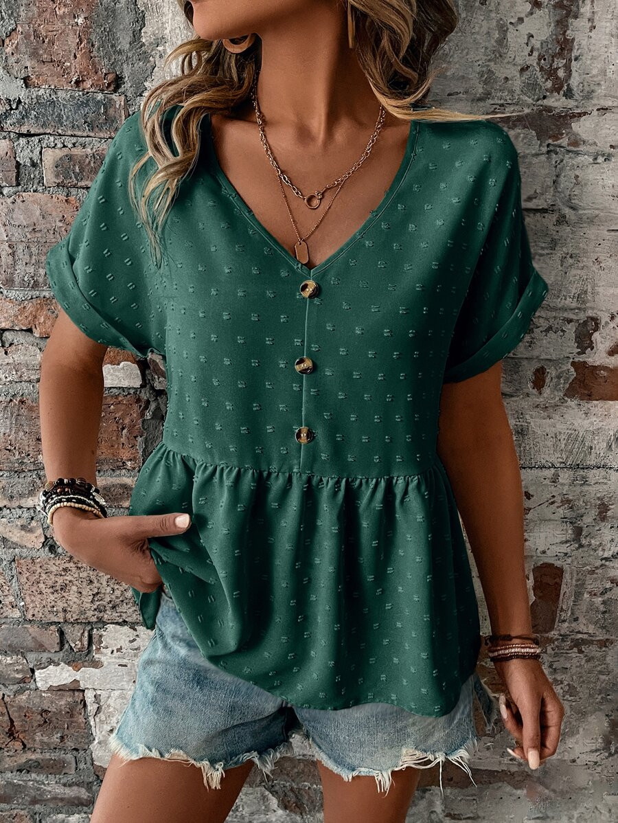 SHEIN LUNE Swiss Dot Batwing Sleeve Peplum Blouse | SHEIN