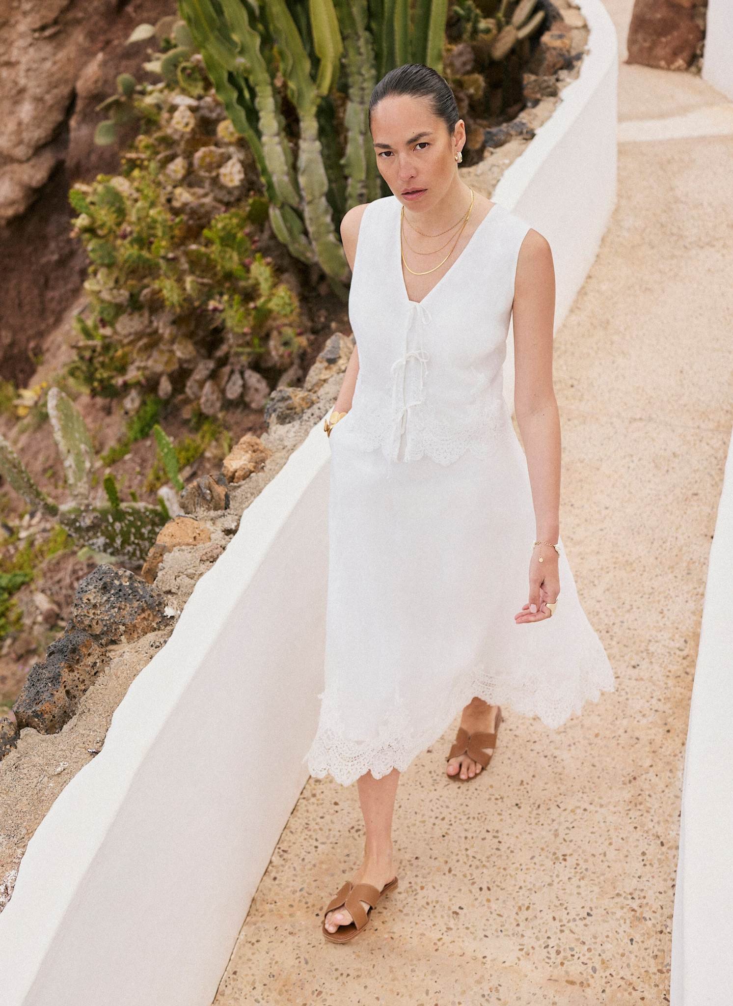 White Ramie Lace Trim Midi Skirt | Mint Velvet