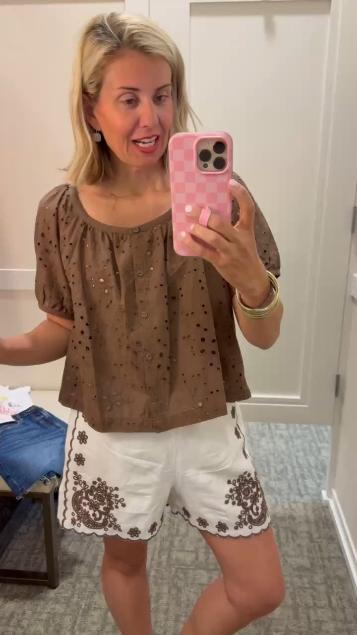 Well hello details… yall this looks and feels high end designer, but the price is just right!

Tip: I grabbed a nude tank to wear under the eyelet top so it just blended vs standing out (like a white would). You could also do chocolate under.

Top and shorts- xs blouse, s tank (need xs), 2 shorts (need 0)

#LTKdayinmylife #LTKTravel #LTKSaleAlert