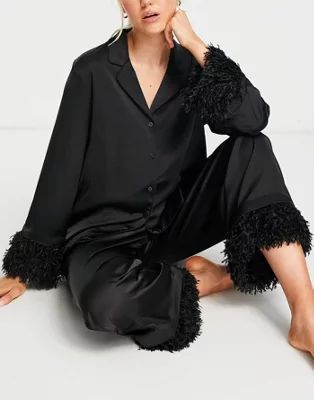 Lindex premium faux feather trim revere pajama set in black | ASOS (Global)