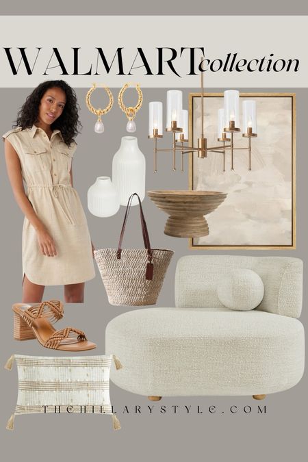 Walmart Collection: neutral home decor and fashion finds from Walmart. Utility shirt dress, spring dress, summer dress, casual dress, woven sandals, woven heels, straw shoulder bag, boucle chaise, chaise lounger chair, stripe throw pillow, framed abstract neutral art, gold modern chandelier, pearl huggie earrings, ribbed footed wood bowl, ceramic vase, white vase.

#LTKHome #LTKStyleTip #LTKSeasonal
