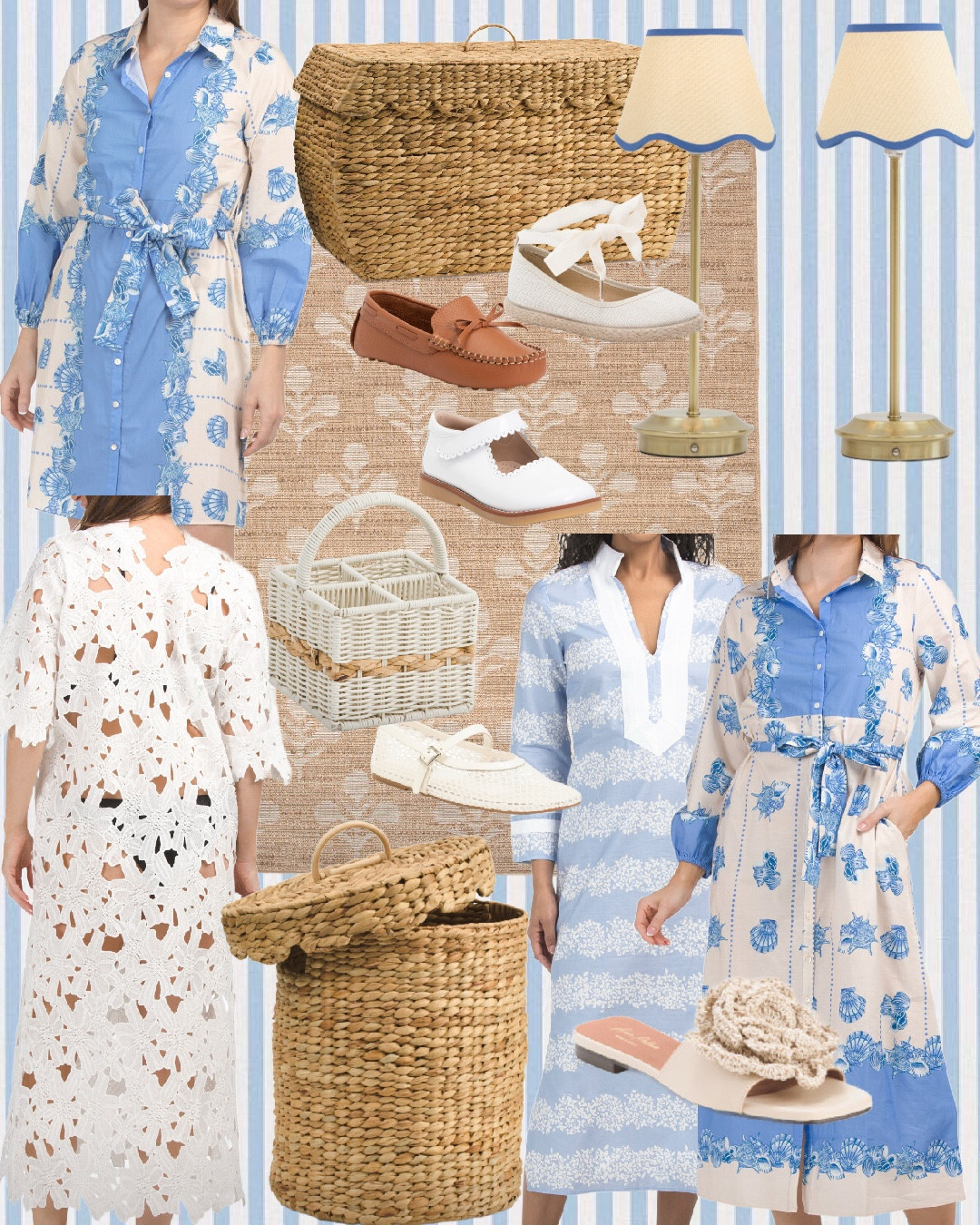 Marshall’s finds! Summer dress, caftan, beach coverup, scalloped basket, kids shoes, wicker rattan, seashell purse 