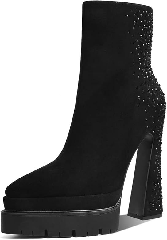 Artrotter Women's Rhinestones Pointed Toe Ankle Boots Suede Surface High Heel Wedding Platform Booti | Amazon (US)