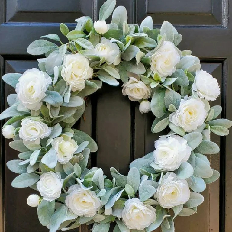 17.7" Artificial Flocked Lambs Ear Wreath Floral Greenery Wreath Spring Wreath Green with White P... | Walmart (US)
