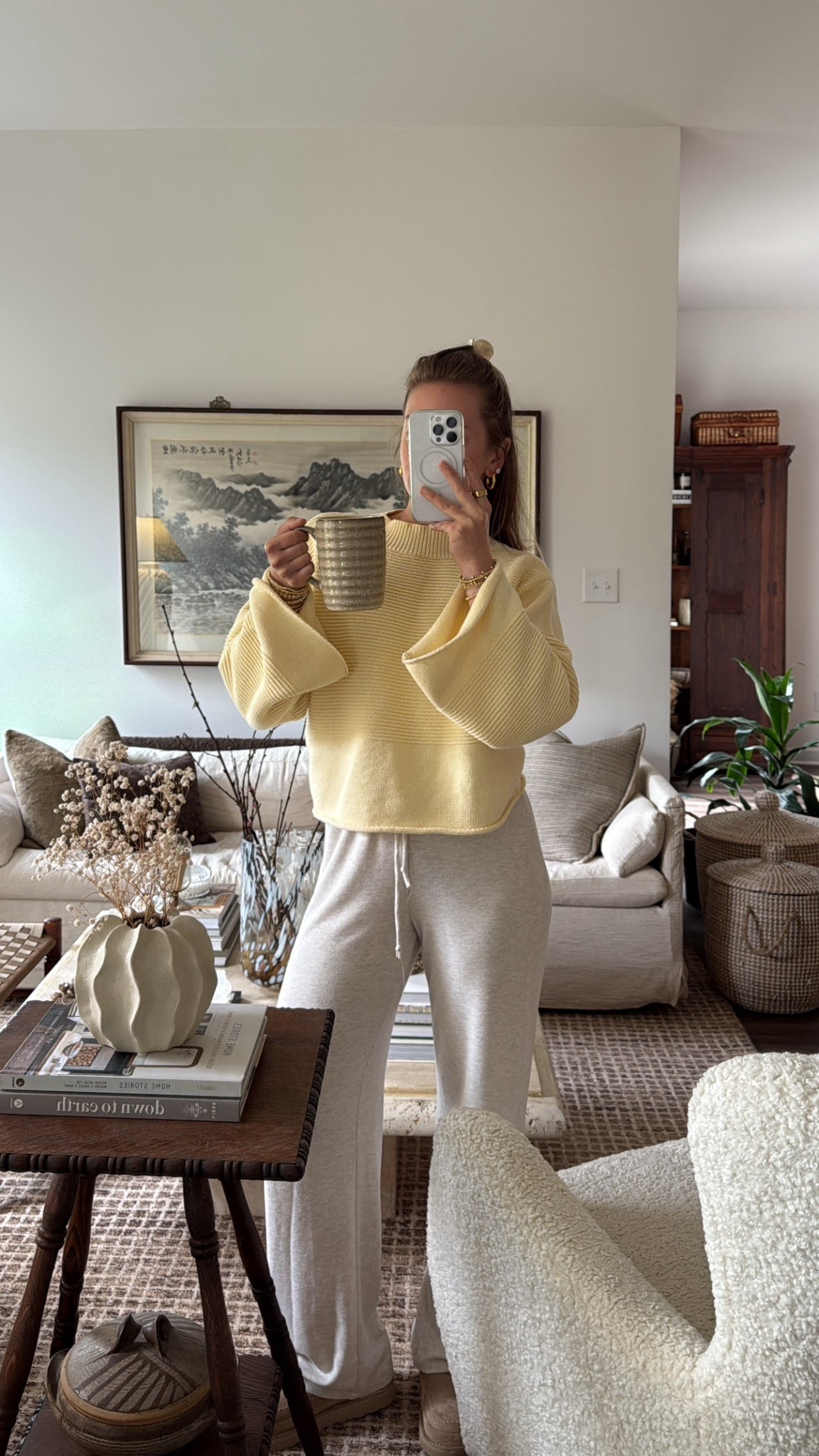 5/6/25 cozy lounge outfit 🫶🏼 aritzia lounge pants, cozy loungewear set, comfy morning outfit, yellow sweater top, spring lounge outfit, casual at home look, soft knit sweater, weekend morning outfit, cozy neutral style, elevated loungewear, aritzia pants outfit, relaxed spring style, soft knitwear, homebody outfit, everyday cozy fit, comfy and cute outfit, spring at home vibes, small town lifestyle outfit, comfy chic look, lounging in style