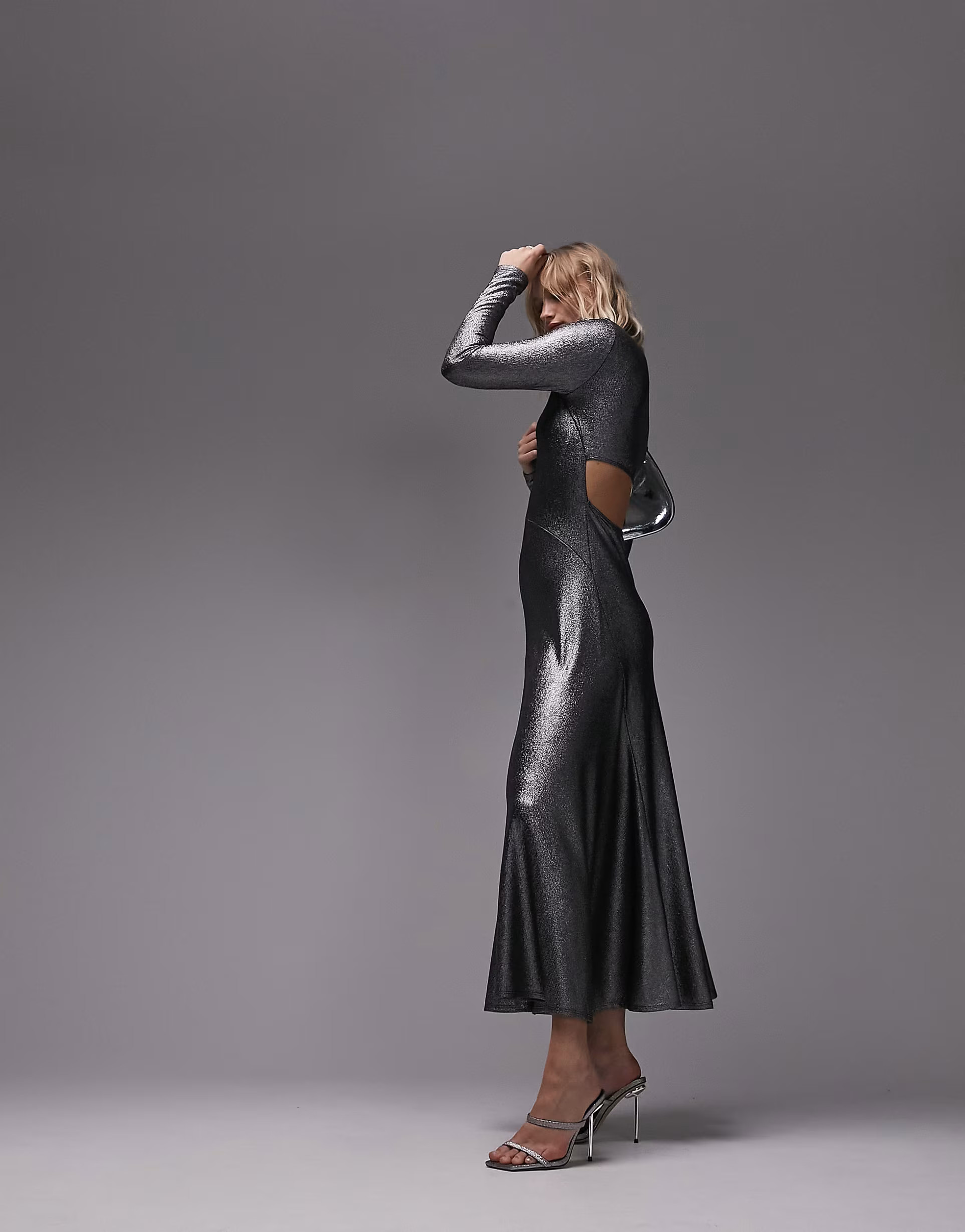 Topshop metallic cut and sew maxi dress with open back in silver | ASOS (Global)