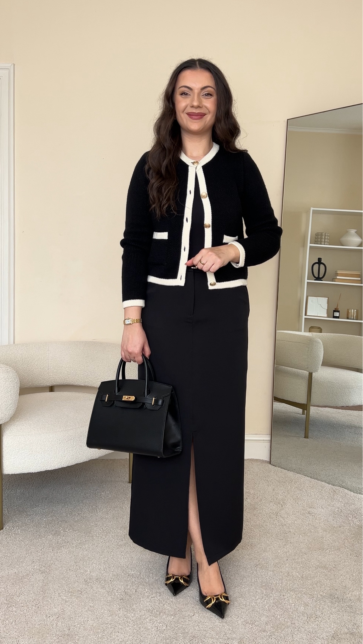 Chic all black workwear outfit. Cardigan is from Mango, wearing size M. Skirt is from Asos, wearing size M. Heels are from Zara, last year. Handbag is from Totes Luxe Uk.

#LTKstyletip #LTKworkwear #LTKspring