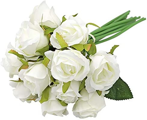 LSME 12 Heads Artificial Silk Rose Flowers Bouquet White for Wedding Party Home Decor | Amazon (US)