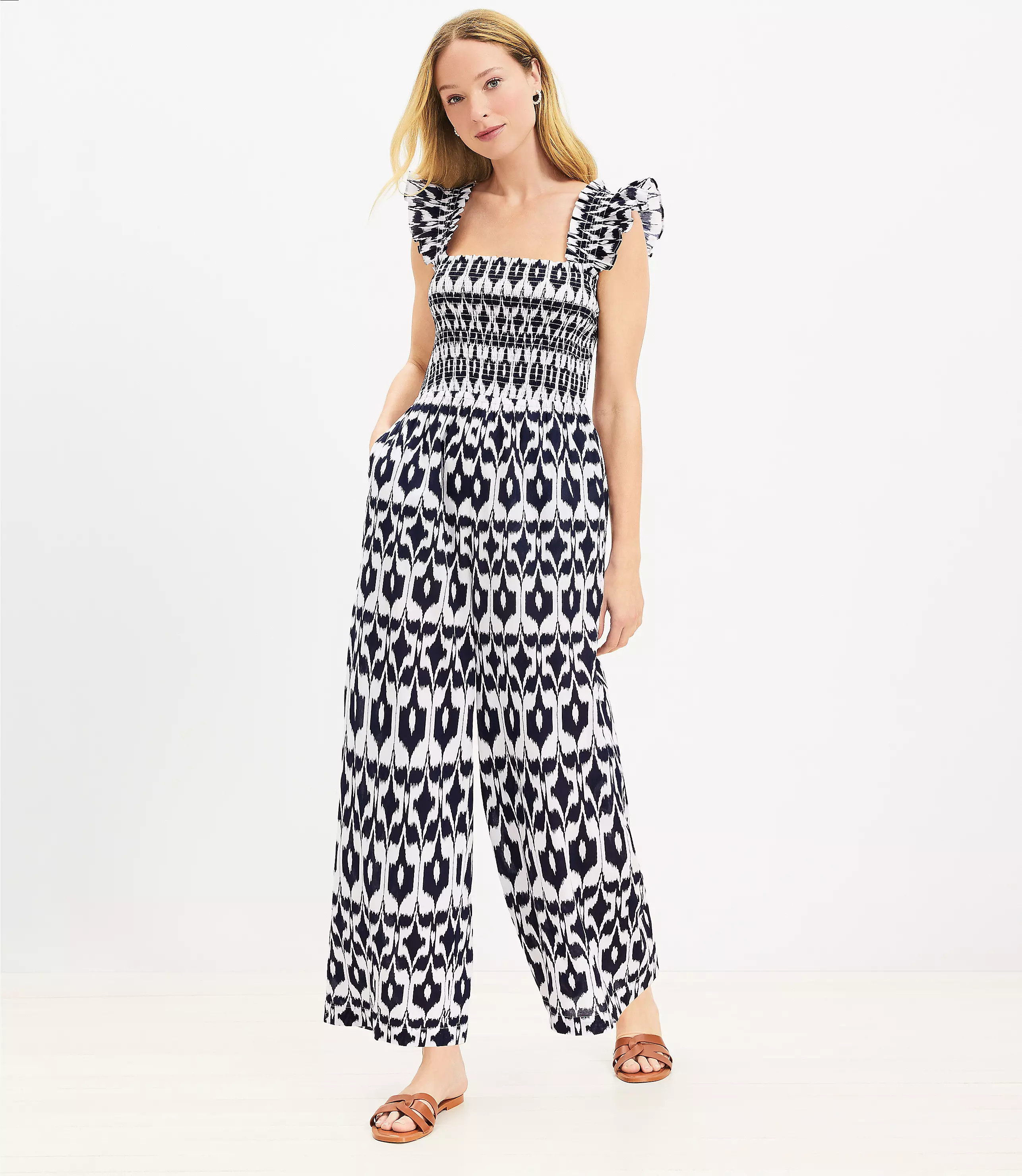 LOFT Beach Ikat Ruched Wide Leg Jumpsuit | LOFT