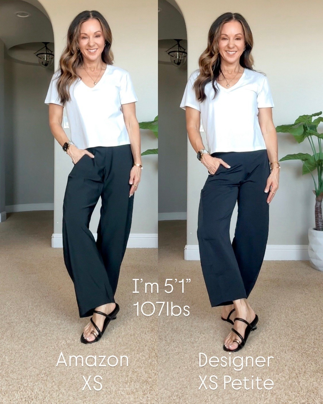 The viral pants from Amazon compared to the designer version. These pants are perfect for every day, travel, work, lounging they are the truly the best pants! For reference I’m 5’1” tall 107 LBS wearing the size extra small in the Amazon version and size extra small petite in the designer version. 
Top is sold out 😕

#LTKOver40 #LTKPetite #LTKTravel