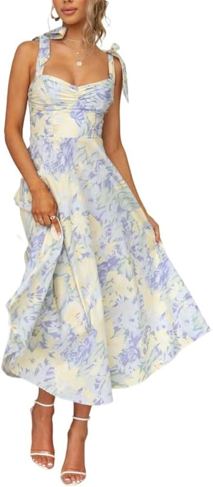 Boho Floral Corset Midi Dress Sweetheart Neck Spaghetti Strap Summer Sun Dress for Women Wedding ... | Amazon (US)