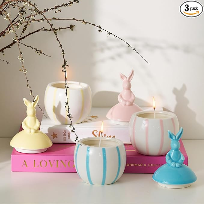 DN DECONATION 3-Pack Easter Bunny Ceramic Jar Scented Candles, Egg Shaped Soy Wax Candles with Ra... | Amazon (US)